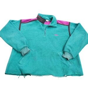 Vintage 90s Fahrenheit Fleece Pullover Teal Purple Quarter Zip Made In Taiwan L